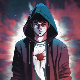 A 23-year-old young brunette guy in a hoodie, depicted in a comic book style, experiencing a virus infection