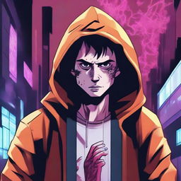 A 23-year-old young brunette guy in a hoodie, depicted in a comic book style, experiencing a virus infection