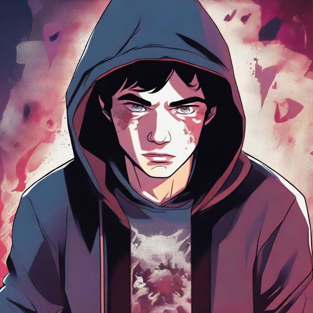 A 23-year-old young brunette guy in a hoodie, depicted in a comic book style, experiencing a virus infection