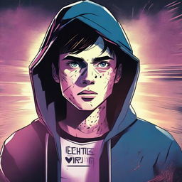 A 23-year-old young brunette guy in a hoodie, depicted in a comic book style, experiencing a virus infection