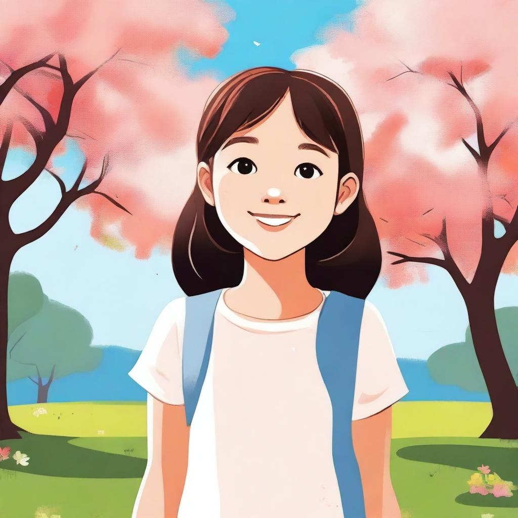 A digital illustration of a young girl with a cheerful expression, wearing casual clothes and standing in a park