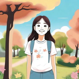 A digital illustration of a young girl with a cheerful expression, wearing casual clothes and standing in a park