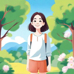 A digital illustration of a young girl with a cheerful expression, wearing casual clothes and standing in a park