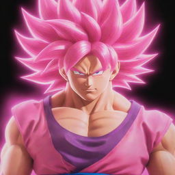 An illustration of Goku from Dragon Ball Z transformed into Super Saiyan Rose, featuring him with long hair glowing in a vibrant pink color