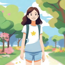 A digital illustration of a young girl with a cheerful expression, wearing casual clothes and standing in a park