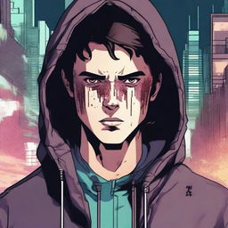 A 23-year-old young brunette guy in a hoodie and leather jacket, depicted in a comic book style, experiencing a virus infection