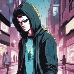 A 23-year-old young brunette guy in a hoodie and leather jacket, depicted in a comic book style, experiencing a virus infection