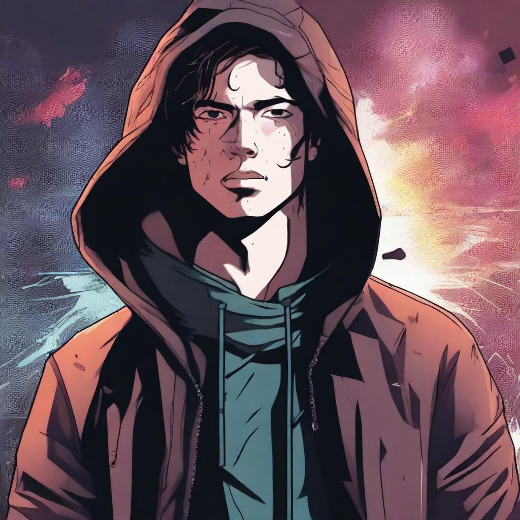 A 23-year-old young brunette guy in a hoodie and leather jacket, depicted in a comic book style, experiencing a virus infection