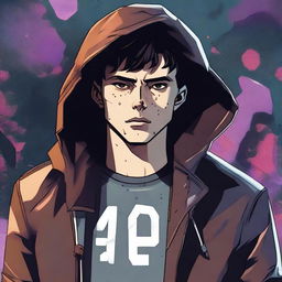 A 23-year-old young brunette guy in a hoodie and leather jacket, depicted in a comic book style, experiencing a virus infection