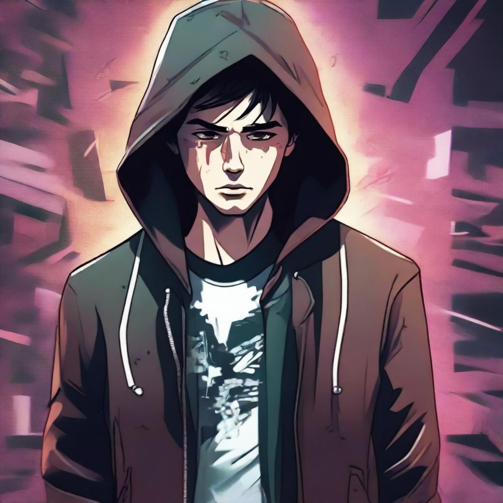 A 23-year-old young brunette guy wearing a hoodie and a leather jacket, depicted in a comic book style, experiencing a virus infection