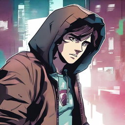 A 23-year-old young brunette guy wearing a hoodie and a leather jacket, depicted in a comic book style, experiencing a virus infection