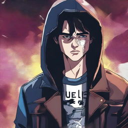 A 23-year-old young brunette guy wearing a hoodie and a leather jacket, depicted in a comic book style, experiencing a virus infection