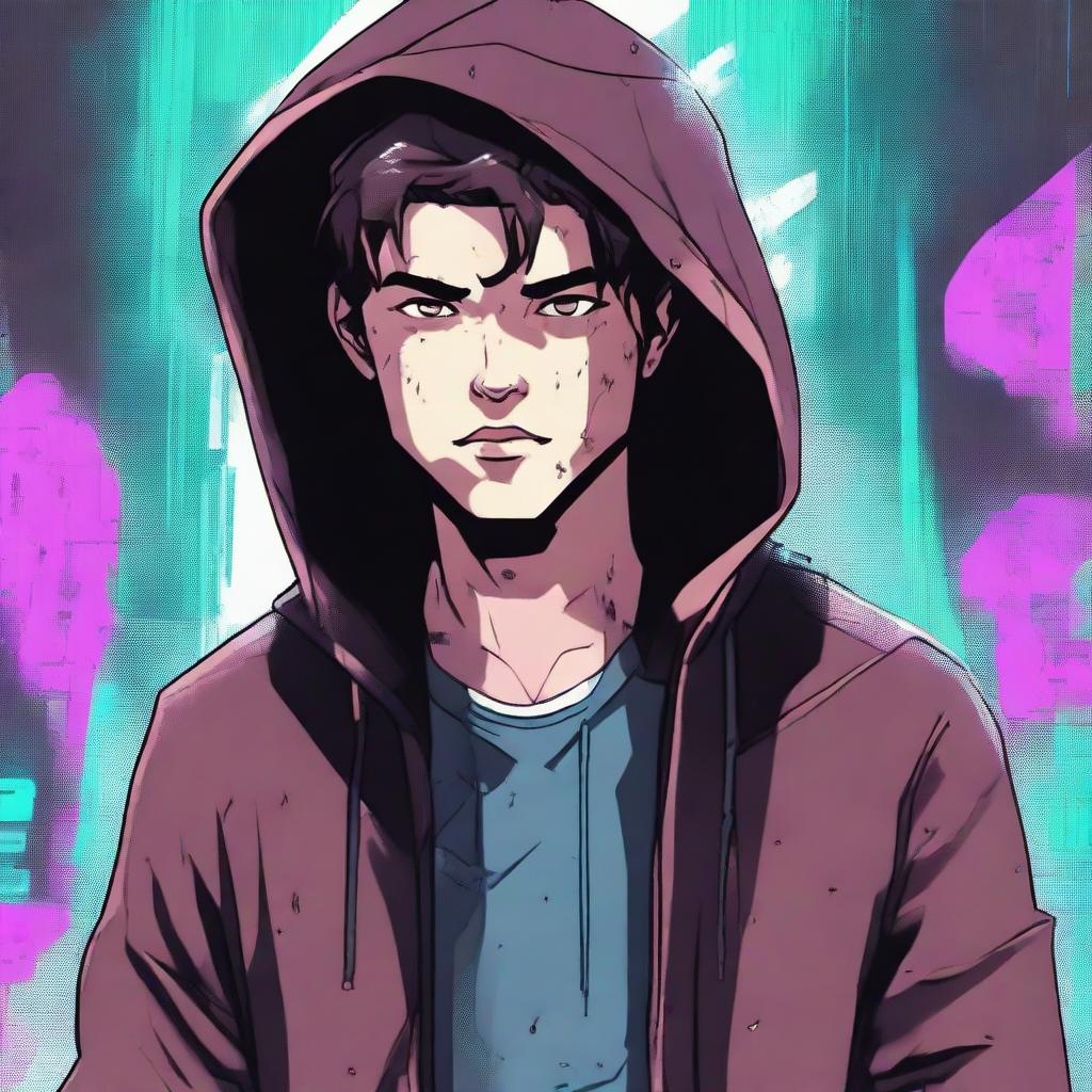 A 23-year-old young brunette guy wearing a hoodie and a leather jacket, depicted in a comic book style, experiencing a virus infection