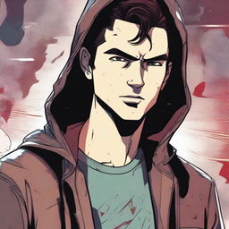 A 23-year-old brunette guy wearing a hoodie and a leather jacket, depicted in a comic book style, with a predatory look and a smirk on his face