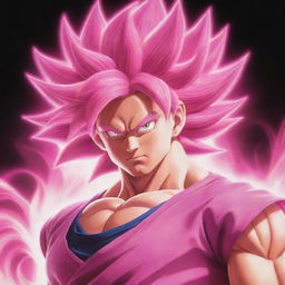 An illustration of Goku from Dragon Ball Z transformed into Super Saiyan Rose, featuring him with long hair glowing in a vibrant pink color