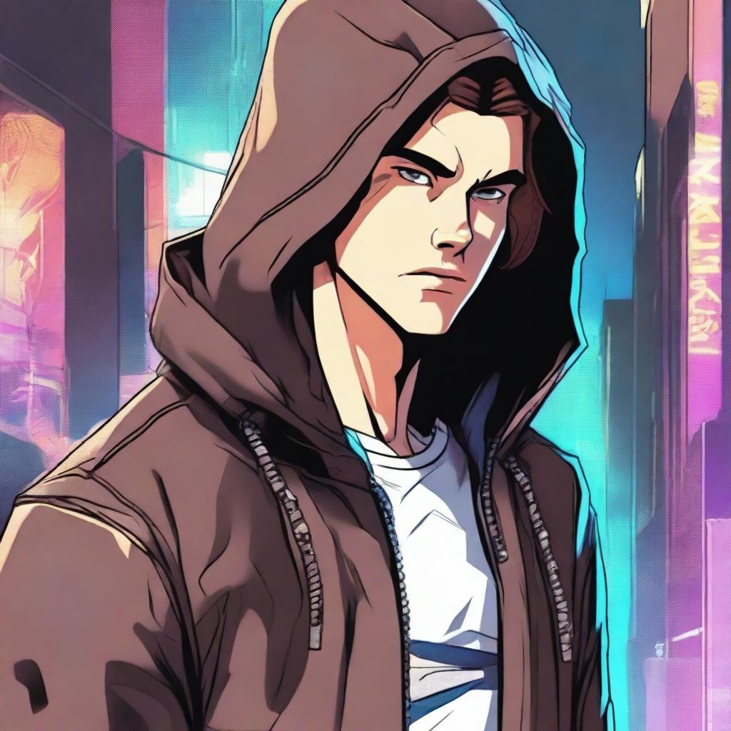 A 23-year-old brunette guy wearing a hoodie and a leather jacket, depicted in a comic book style, with a predatory look and a smirk on his face