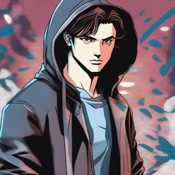 A 23-year-old brunette guy wearing a hoodie and a leather jacket, depicted in a comic book style, with a predatory look and a smirk on his face