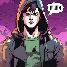 A 23-year-old brunette guy wearing a hoodie and a leather jacket, depicted in a comic book style, with a predatory look and a smirk on his face