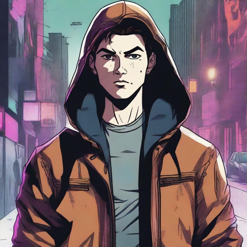 A 23-year-old brunette guy wearing a hoodie and a leather jacket, depicted in a comic book style, with a predatory look and a smirk on his face