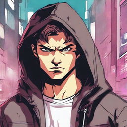 A 23-year-old brunette guy wearing a hoodie and a leather jacket, depicted in a comic book style, with a predatory look and a smirk on his face