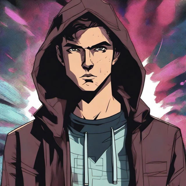 A 23-year-old brunette guy wearing a hoodie and a leather jacket, depicted in a comic book style, with a predatory look and a smirk on his face