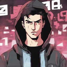 A 23-year-old brunette guy wearing a hoodie and a leather jacket, depicted in a comic book style, with a predatory look and a smirk on his face