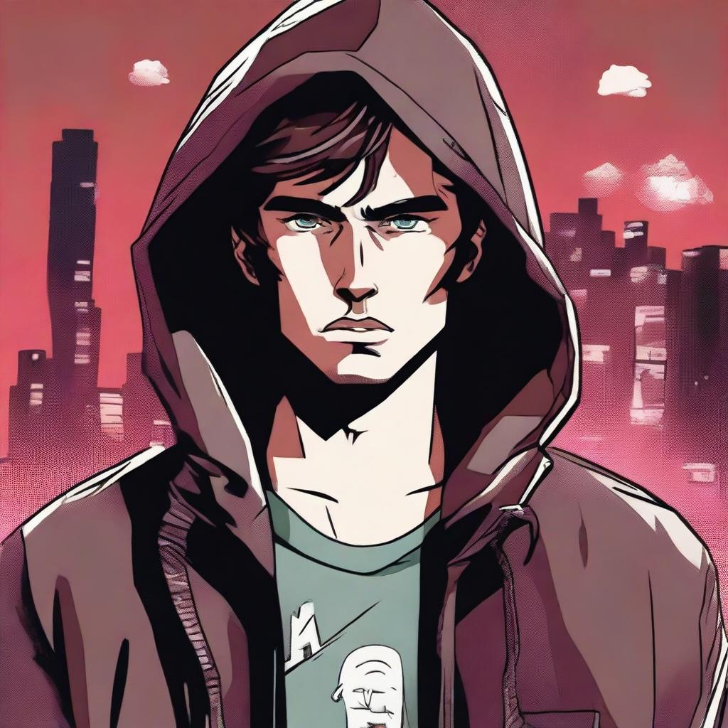 A 23-year-old brunette guy wearing a hoodie and a leather jacket, depicted in a comic book style, with a predatory look and a smirk on his face