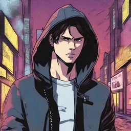 A 23-year-old brunette guy wearing a hoodie and a leather jacket, depicted in a comic book style, with a predatory look and a smirk on his face