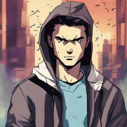 A 23-year-old brunette guy wearing a hoodie and a leather jacket, depicted in a comic book style, with a predatory look and a smirk on his face