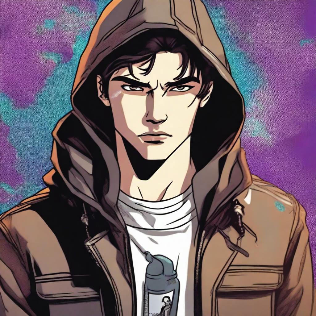 A 23-year-old brunette guy wearing a hoodie and a leather jacket, depicted in a comic book style, with a predatory look and a smirk on his face