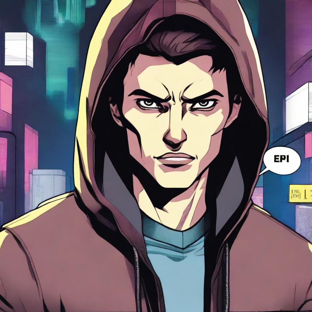 A 23-year-old brunette guy wearing a hoodie and a leather jacket, depicted in a comic book style, with a predatory look, smirk, and wild fangs