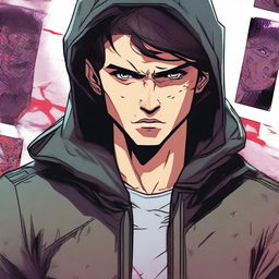 A 23-year-old brunette guy wearing a hoodie and a leather jacket, depicted in a comic book style, with a predatory look, smirk, and wild fangs