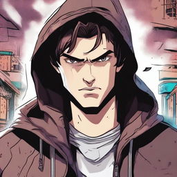 A 23-year-old brunette guy wearing a hoodie and a leather jacket, depicted in a comic book style, with a predatory look, smirk, and wild fangs