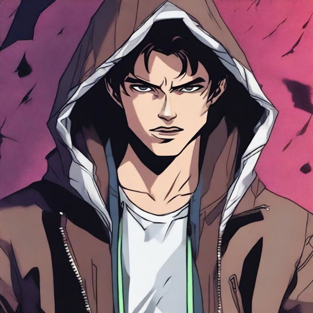 A 23-year-old brunette guy wearing a hoodie and a leather jacket, depicted in a comic book style, with a predatory look, smirk, and wild fangs