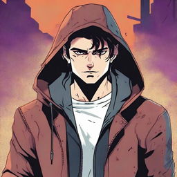 A 23-year-old brunette guy wearing a hoodie and a leather jacket, depicted in a comic book style, with a predatory look, smirk, and wild fangs