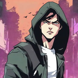 A 23-year-old brunette guy wearing a hoodie and a leather jacket, depicted in a comic book style, with a predatory look, smirk, and wild fangs