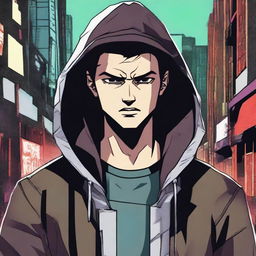 A 23-year-old brunette guy wearing a hoodie and a leather jacket, depicted in a comic book style, with a predatory look, smirk, and wild fangs