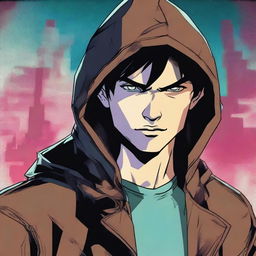 A 23-year-old brunette guy wearing a hoodie and a leather jacket, depicted in a comic book style, with a predatory look, smirk, and wild fangs