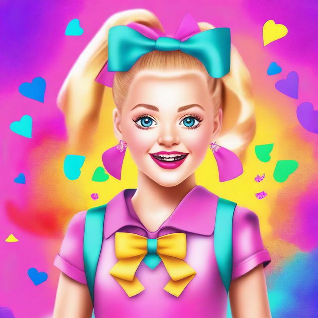 Create an image of Jojo Siwa, the famous dancer and singer, with her signature colorful bow and vibrant outfit