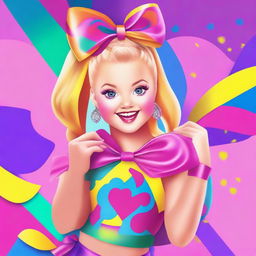 Create an image of Jojo Siwa, the famous dancer and singer, with her signature colorful bow and vibrant outfit