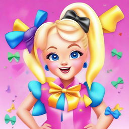 Create an image of Jojo Siwa, the famous dancer and singer, with her signature colorful bow and vibrant outfit