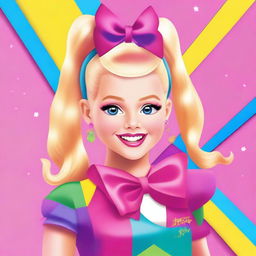 Create an image of Jojo Siwa, the famous dancer and singer, with her signature colorful bow and vibrant outfit