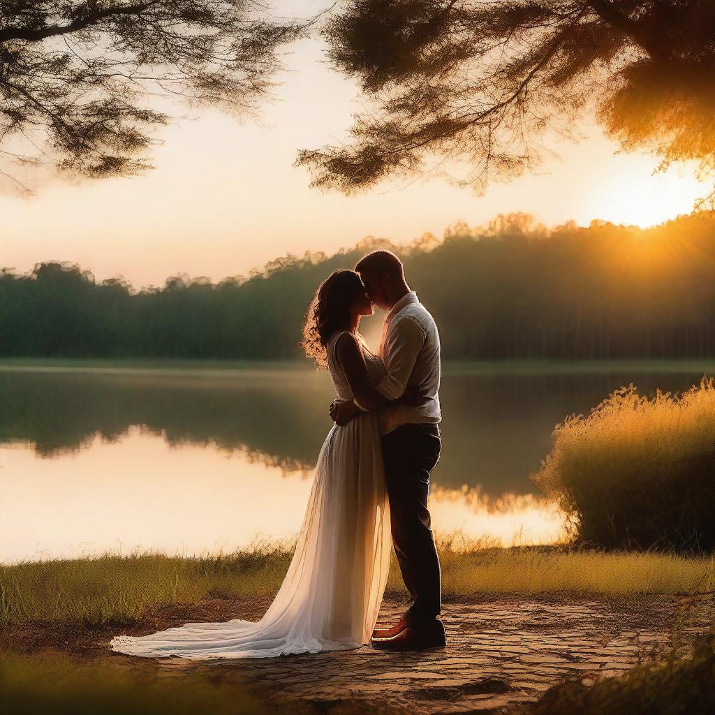 A romantic love scene set in a beautiful, serene location