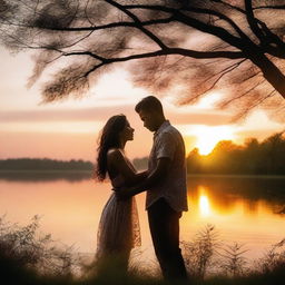 A romantic love scene set in a beautiful, serene location