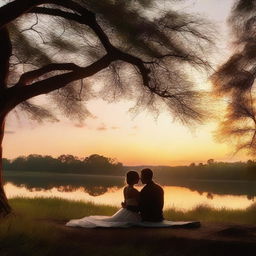 A romantic love scene set in a beautiful, serene location