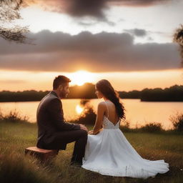 A romantic love scene set in a beautiful, serene location