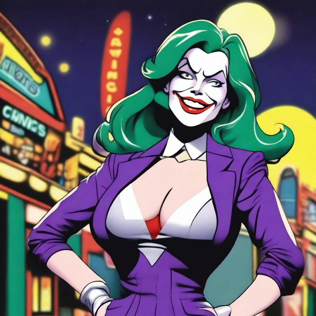 A woman resembling Lois Lane from DC Comics with green hair, Joker face makeup, red lipstick, and white skin