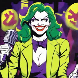 A woman resembling Lois Lane from DC Comics with green hair, Joker face makeup, red lipstick, and white skin