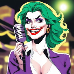 A woman resembling Lois Lane from DC Comics with green hair, Joker face makeup, red lipstick, and white skin