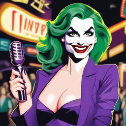 A woman resembling Lois Lane from DC Comics with green hair, Joker face makeup, red lipstick, and white skin